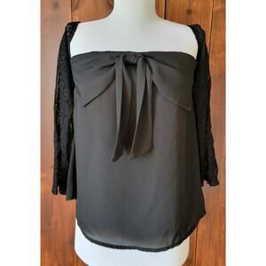 Vintage Mon Ami Women S Black Sheer Blouse Lace Sleeves Bow Detail Made in USA🖤